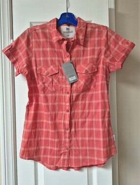 Windriver Cotton Short Sleeve Button Down In Peach Plaid SZ Small, New W Tags